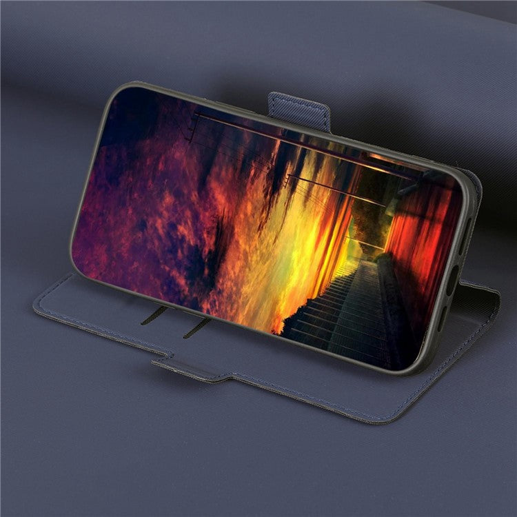 For Samsung Galaxy M14 5G Card Holder Twill Texture Phone Cover Stand Anti-Scratch PU Leather Case - Blue