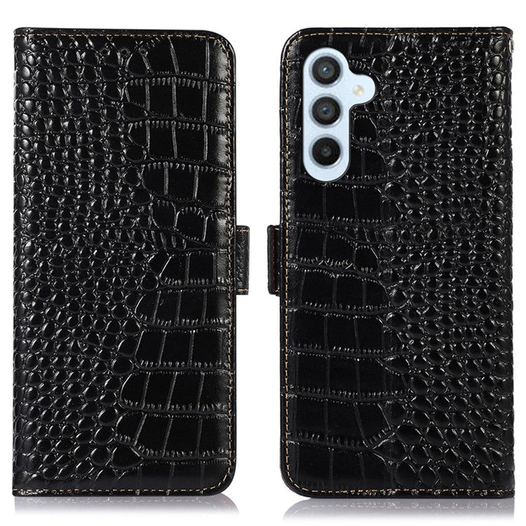 For Samsung Galaxy M54 5G / F54 5G RFID Blocking Wallet Case Genuine Cowhide Leather Crocodile Texture Stand Phone Cover - Black