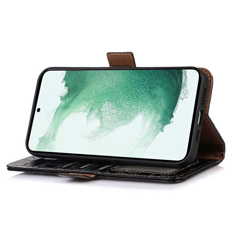 For Samsung Galaxy M54 5G / F54 5G RFID Blocking Wallet Case Genuine Cowhide Leather Crocodile Texture Stand Phone Cover - Black