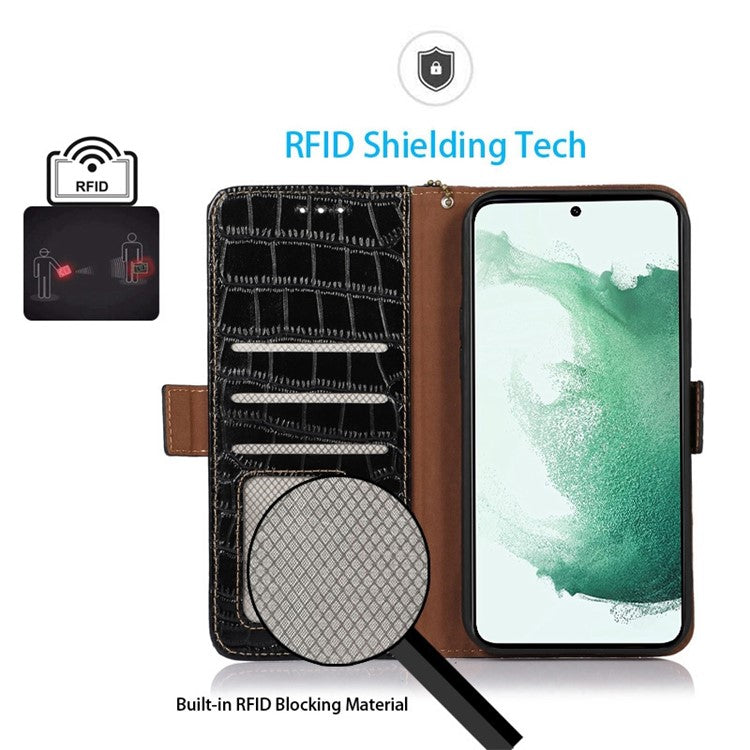 For Samsung Galaxy M54 5G / F54 5G RFID Blocking Wallet Case Genuine Cowhide Leather Crocodile Texture Stand Phone Cover - Black
