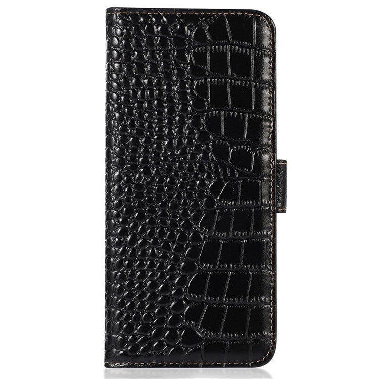 For Samsung Galaxy M54 5G / F54 5G RFID Blocking Wallet Case Genuine Cowhide Leather Crocodile Texture Stand Phone Cover - Black