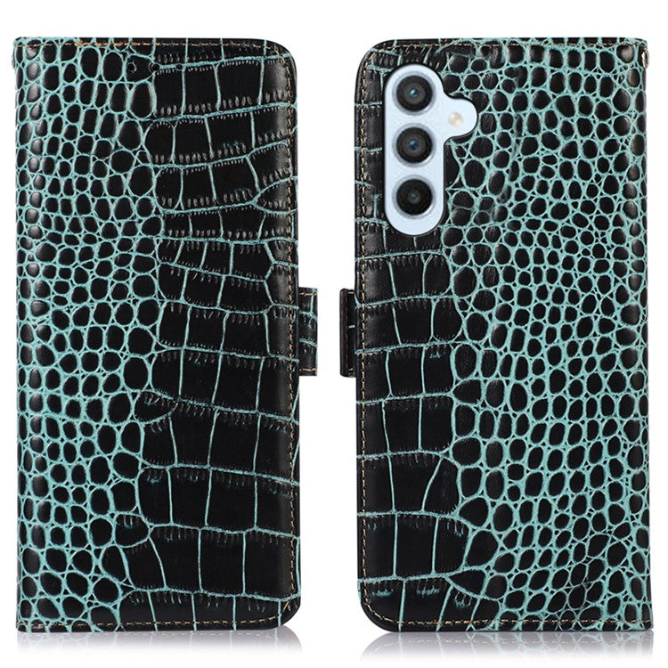 For Samsung Galaxy M54 5G / F54 5G RFID Blocking Wallet Case Genuine Cowhide Leather Crocodile Texture Stand Phone Cover - Green