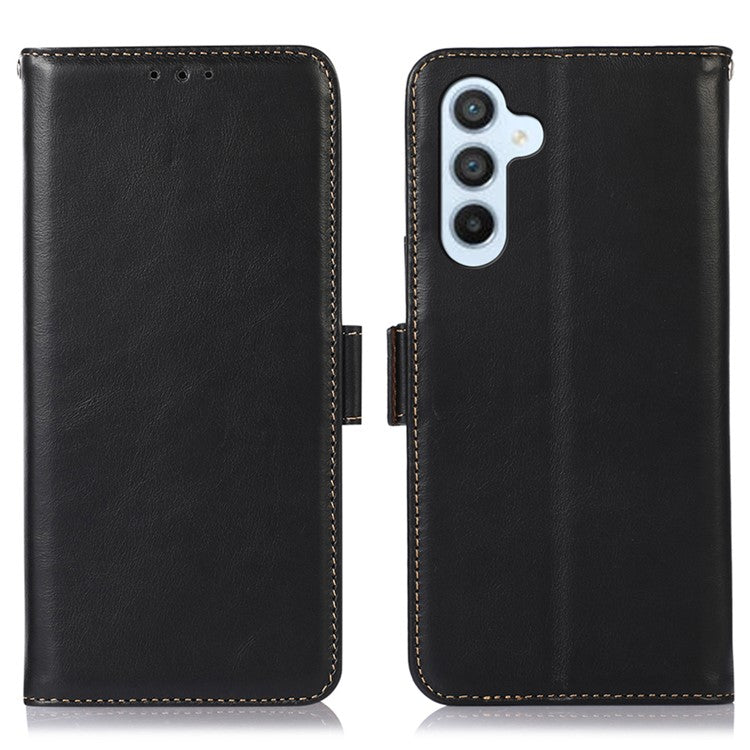 For Samsung Galaxy M54 5G / F54 5G RFID Blocking Walle Crazy Horse Texture Phone Cover Genuine Cowhide Leather Stand Case - Black
