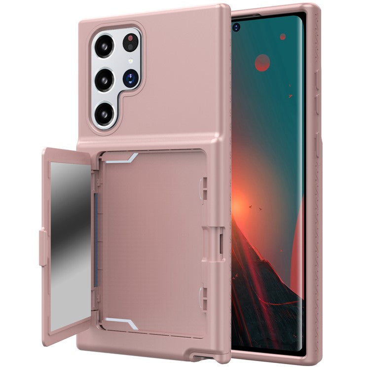 Cardcase Series Phone Case for Samsung Galaxy S22 Ultra 5G Kickstand PC + TPU Cover with Mirror, Card Holder - Pink