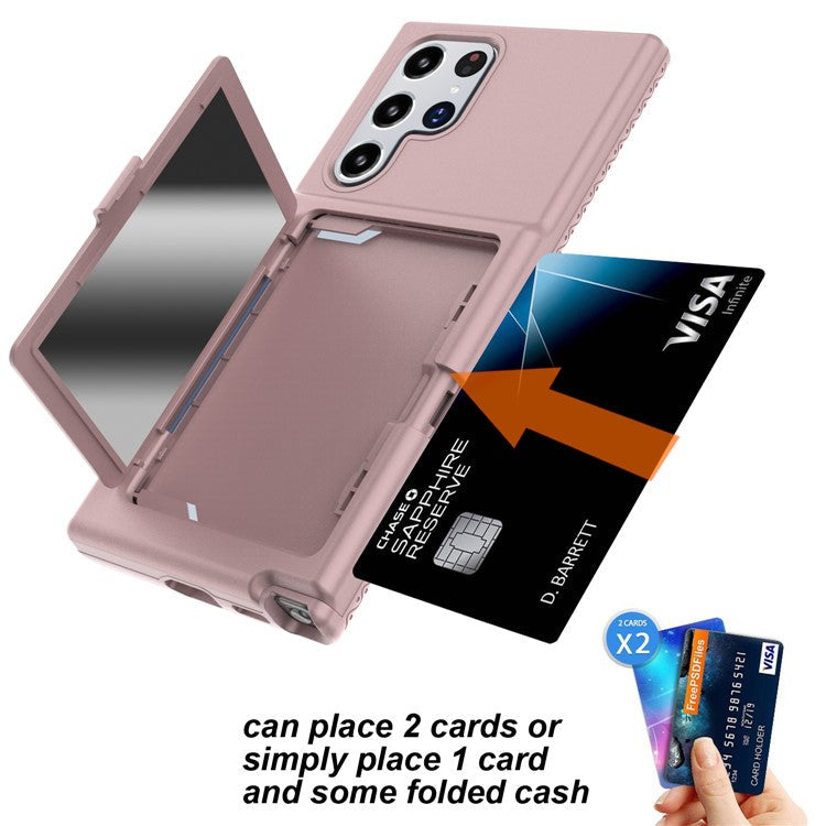 Cardcase Series Phone Case for Samsung Galaxy S22 Ultra 5G Kickstand PC + TPU Cover with Mirror, Card Holder - Pink