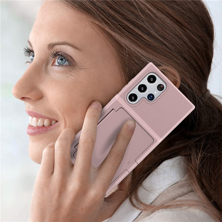 Cardcase Series Phone Case for Samsung Galaxy S22 Ultra 5G Kickstand PC + TPU Cover with Mirror, Card Holder - Pink