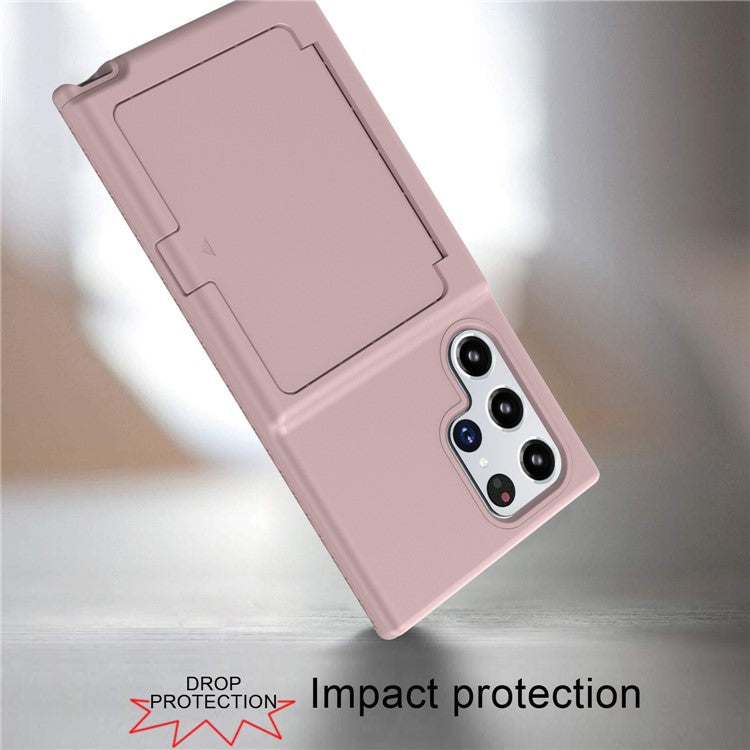 Cardcase Series Phone Case for Samsung Galaxy S22 Ultra 5G Kickstand PC + TPU Cover with Mirror, Card Holder - Pink