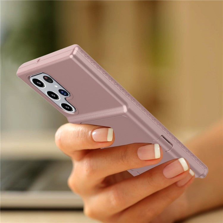 Cardcase Series Phone Case for Samsung Galaxy S22 Ultra 5G Kickstand PC + TPU Cover with Mirror, Card Holder - Pink