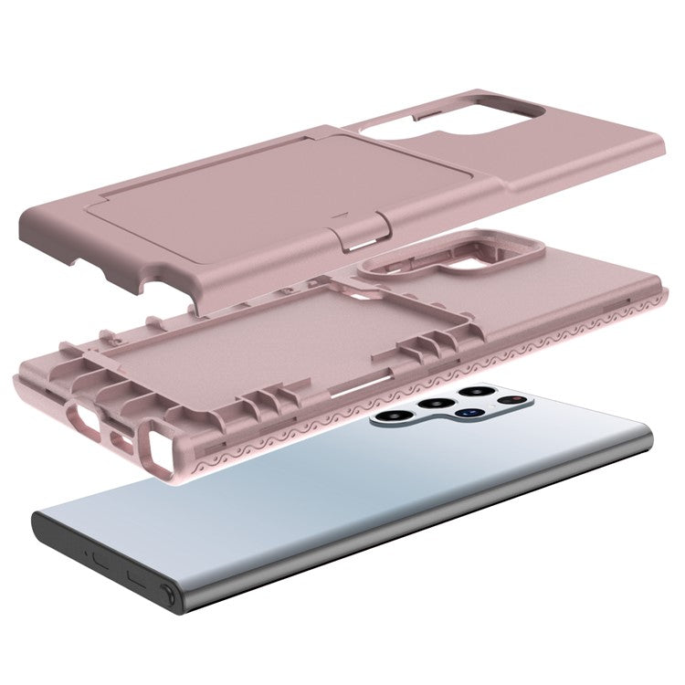 Cardcase Series Phone Case for Samsung Galaxy S22 Ultra 5G Kickstand PC + TPU Cover with Mirror, Card Holder - Pink