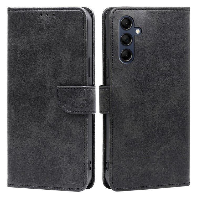 Mobile Phone Folio Cover for Samsung Galaxy M14 5G Calf Texture PU Leather Flip Stand Wallet Case - Black