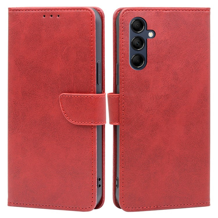 Mobile Phone Folio Cover for Samsung Galaxy M14 5G Calf Texture PU Leather Flip Stand Wallet Case - Red