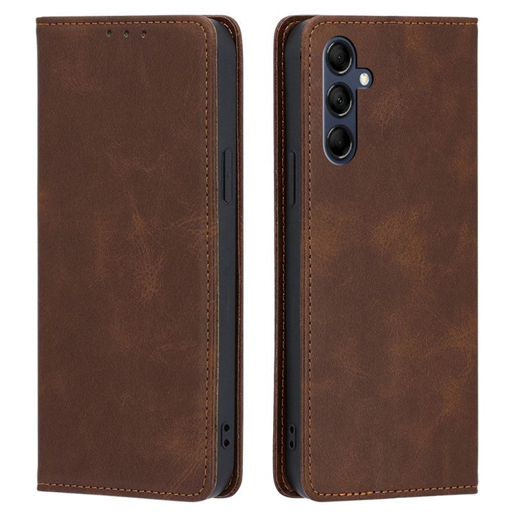 Mobile Phone Shell for Samsung Galaxy M14 5G Calf Texture Protector Case Stand Leather Wallet Cover - Brown