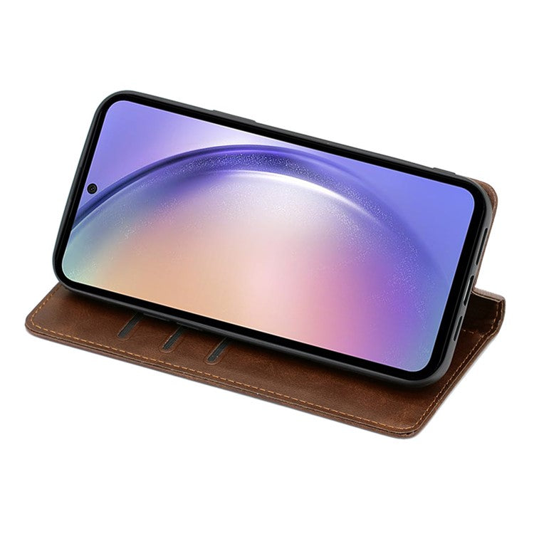 Mobile Phone Shell for Samsung Galaxy M14 5G Calf Texture Protector Case Stand Leather Wallet Cover - Brown