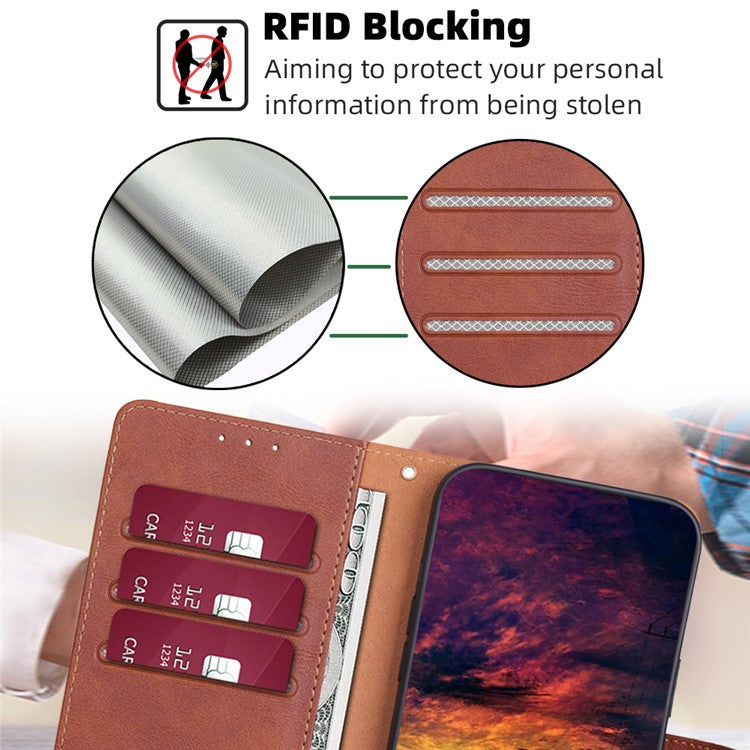 For Samsung Galaxy M14 5G Phone Wallet Case PU Leather RFID Blocking Cowhide Texture Stand Phone Cover - Brown