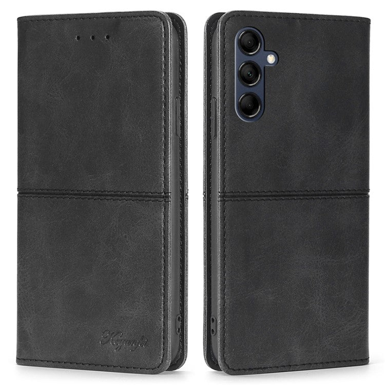For Samsung Galaxy M14 5G Phone Cover Cowhide Texture PU Leather Stand Phone Case with Card Slots - Black