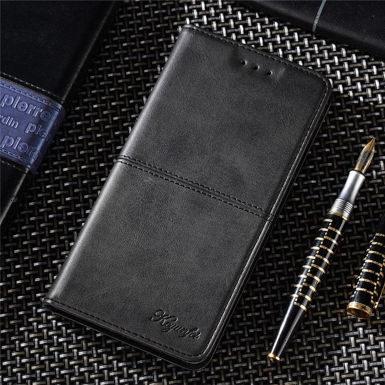For Samsung Galaxy M14 5G Phone Cover Cowhide Texture PU Leather Stand Phone Case with Card Slots - Black