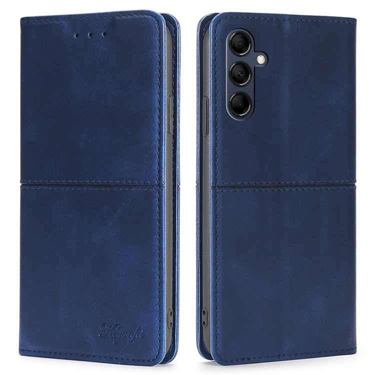 For Samsung Galaxy M14 5G Phone Cover Cowhide Texture PU Leather Stand Phone Case with Card Slots - Blue