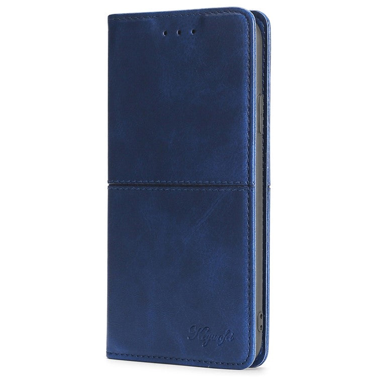 For Samsung Galaxy M14 5G Phone Cover Cowhide Texture PU Leather Stand Phone Case with Card Slots - Blue
