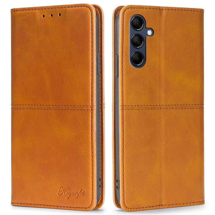 For Samsung Galaxy M14 5G Phone Cover Cowhide Texture PU Leather Stand Phone Case with Card Slots - Light Brown