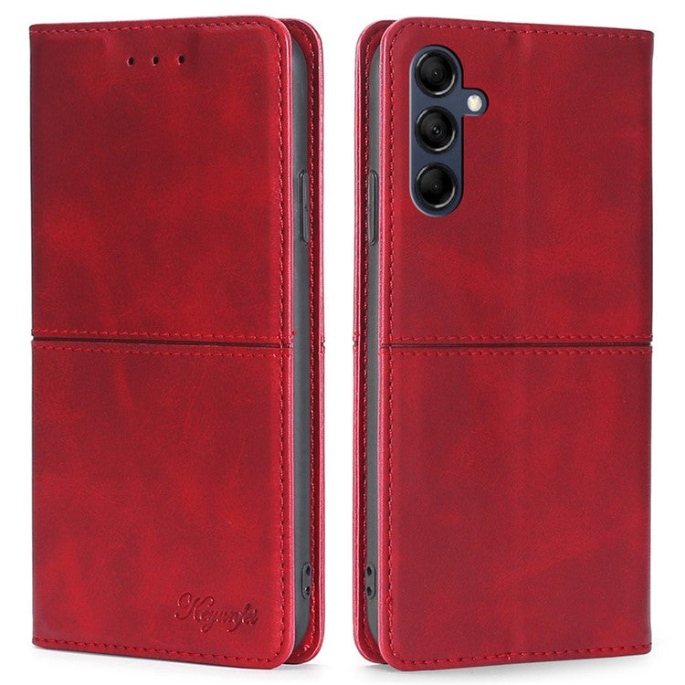 For Samsung Galaxy M14 5G Phone Cover Cowhide Texture PU Leather Stand Phone Case with Card Slots - Red