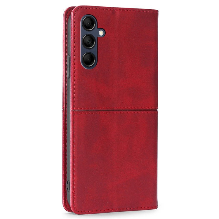 For Samsung Galaxy M14 5G Phone Cover Cowhide Texture PU Leather Stand Phone Case with Card Slots - Red