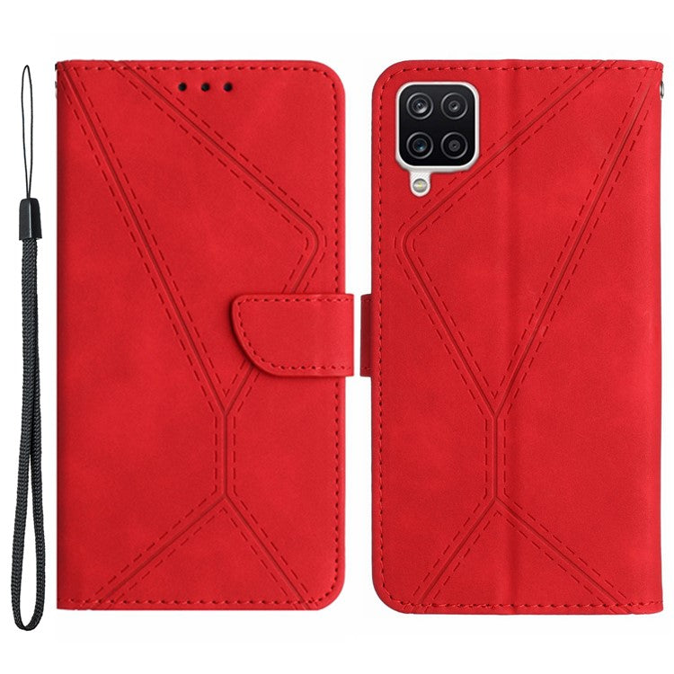HT05 For Samsung Galaxy A12 / M12 / F12 Imprinted Line Wallet Stand Skin-touch PU Leather Phone Case - Red