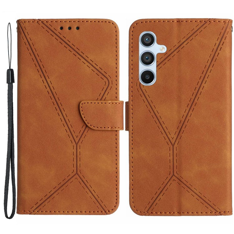 HT05 For Samsung Galaxy M14 5G Imprinted Line Phone Cose PU Leather Wallet Stand Cover - Brown