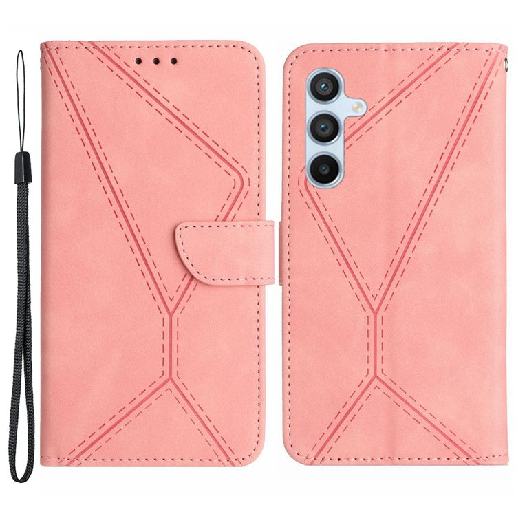 HT05 For Samsung Galaxy M14 5G Imprinted Line Phone Cose PU Leather Wallet Stand Cover - Pink