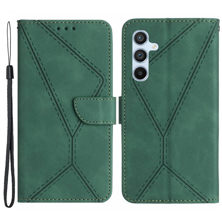 HT05 For Samsung Galaxy M14 5G Imprinted Line Phone Cose PU Leather Wallet Stand Cover - Green