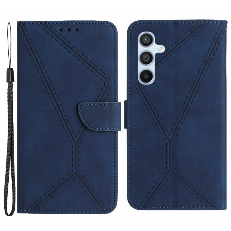 HT05 For Samsung Galaxy M14 5G Imprinted Line Phone Cose PU Leather Wallet Stand Cover - Blue