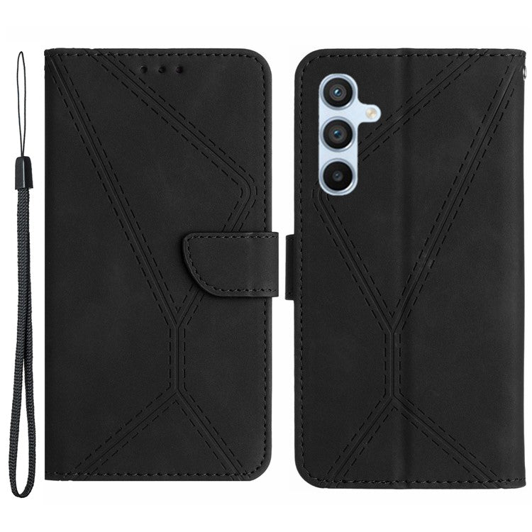 HT05 For Samsung Galaxy M14 5G Imprinted Line Phone Cose PU Leather Wallet Stand Cover - Black