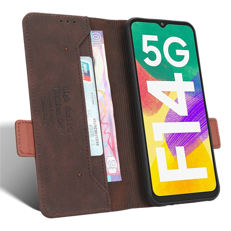 For Samsung Galaxy F14 5G Fall Proof Phone Case Hardware Decor PU Leather Wallet Stand Cover - Coffee