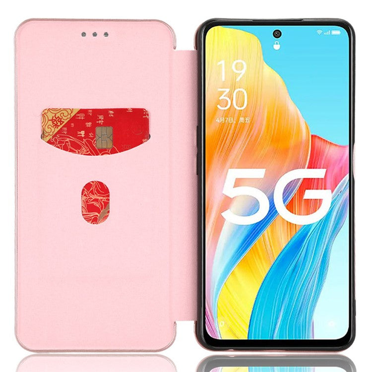 Stand Cover for Oppo A1 5G Carbon Fiber Texture Card Slot PU Leather Shockproof Phone Case - Rose Gold