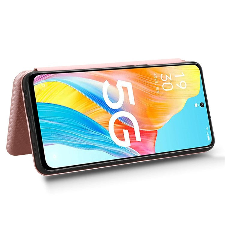 Stand Cover for Oppo A1 5G Carbon Fiber Texture Card Slot PU Leather Shockproof Phone Case - Rose Gold