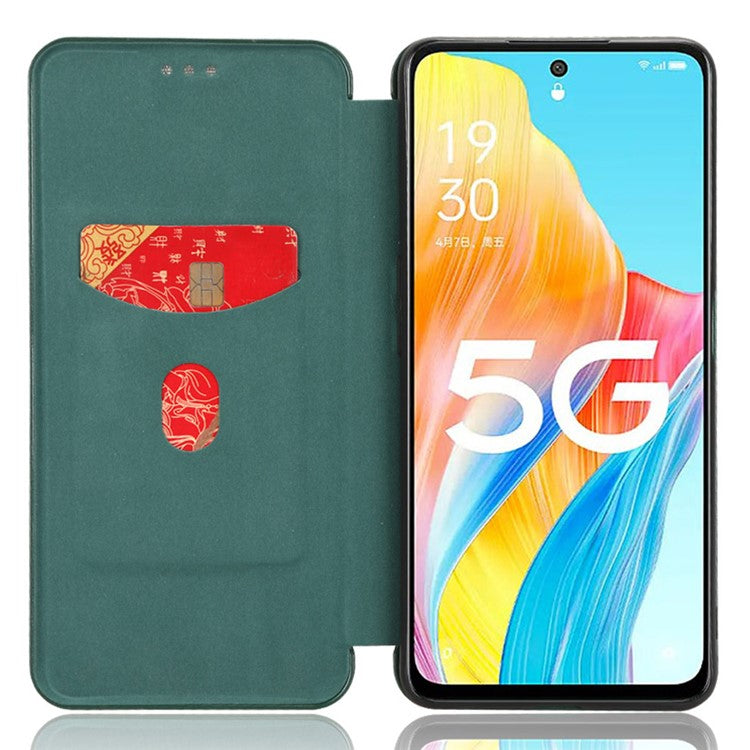 Stand Cover for Oppo A1 5G Carbon Fiber Texture Card Slot PU Leather Shockproof Phone Case - Green
