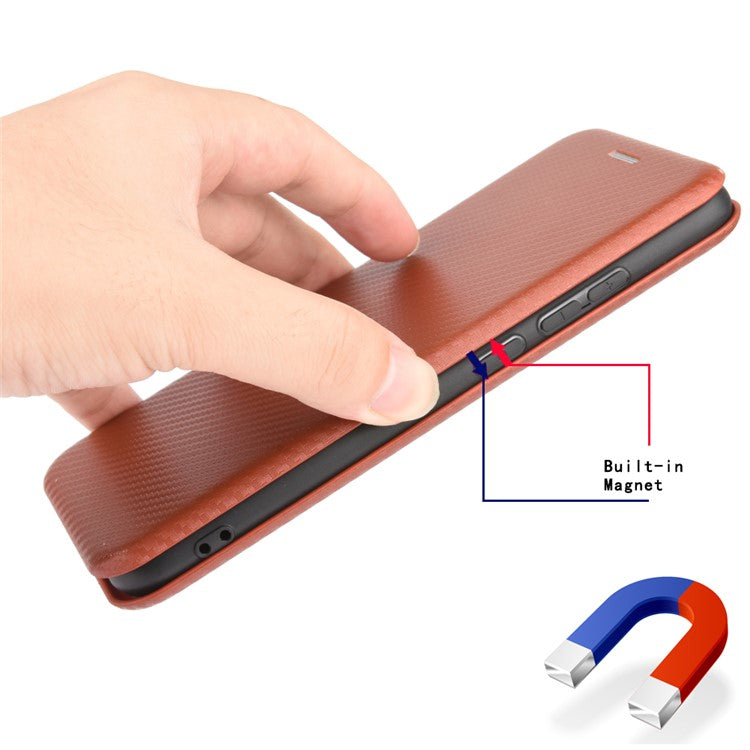 Stand Cover for Oppo A1 5G Carbon Fiber Texture Card Slot PU Leather Shockproof Phone Case - Brown