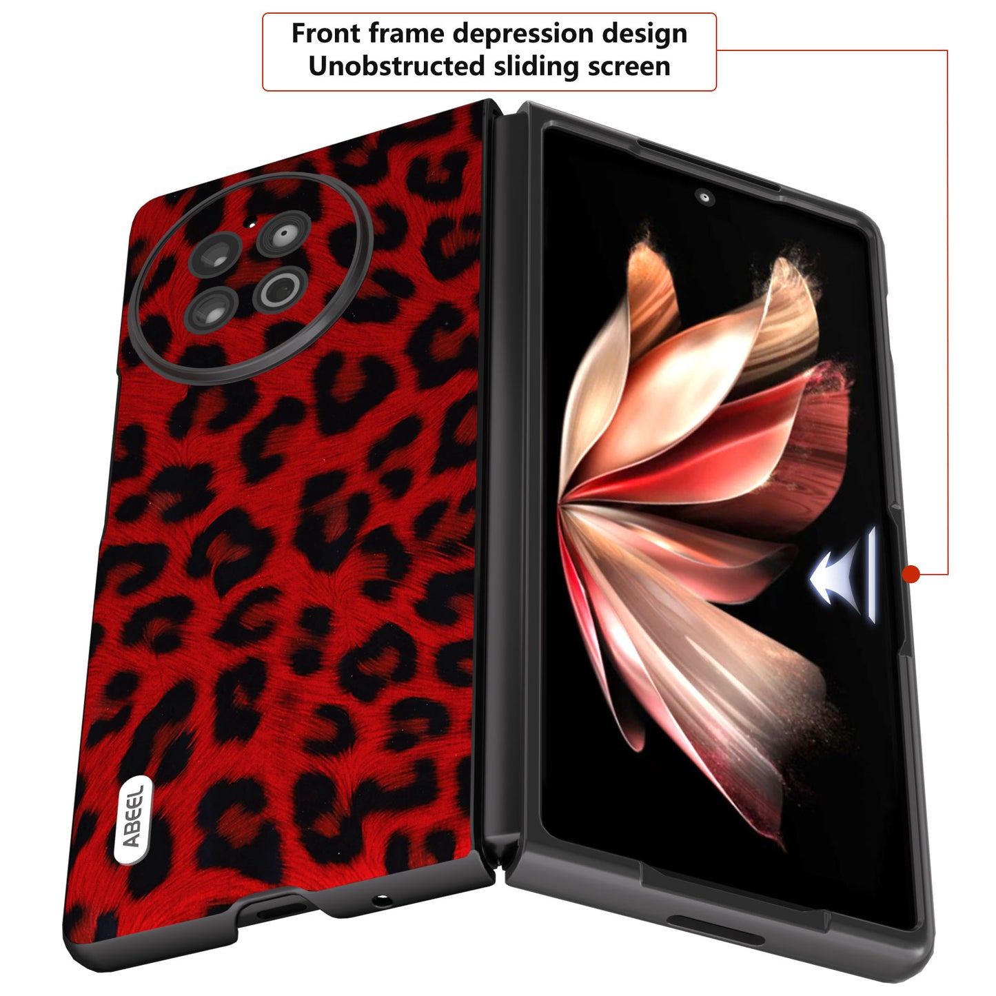 ABEEL For vivo X Fold2 Top-Layer Cowhide Leather Coated PC Back Cover Leopard Pattern Cell Phone Case - Red
