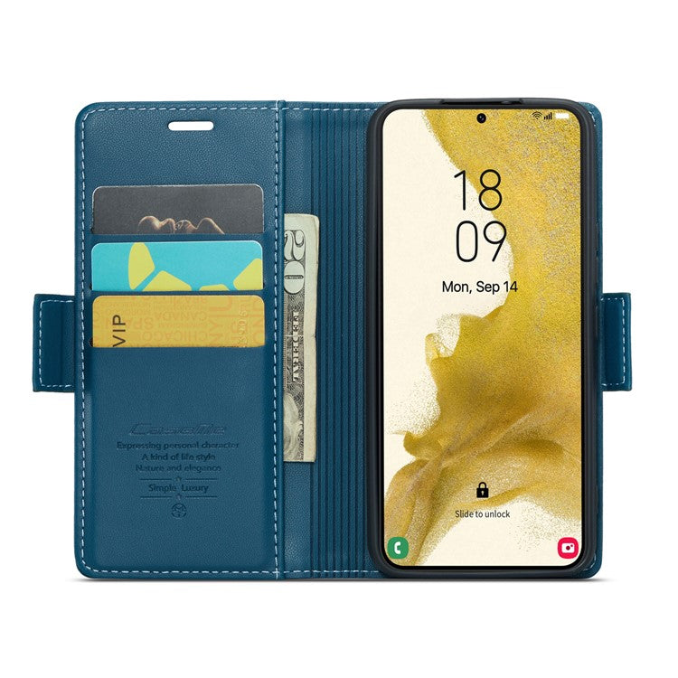 CASEME 023 Series for Samsung Galaxy S22+ 5G RFID Blocking PU Leather Case Wallet Stand Phone Cover - Blue