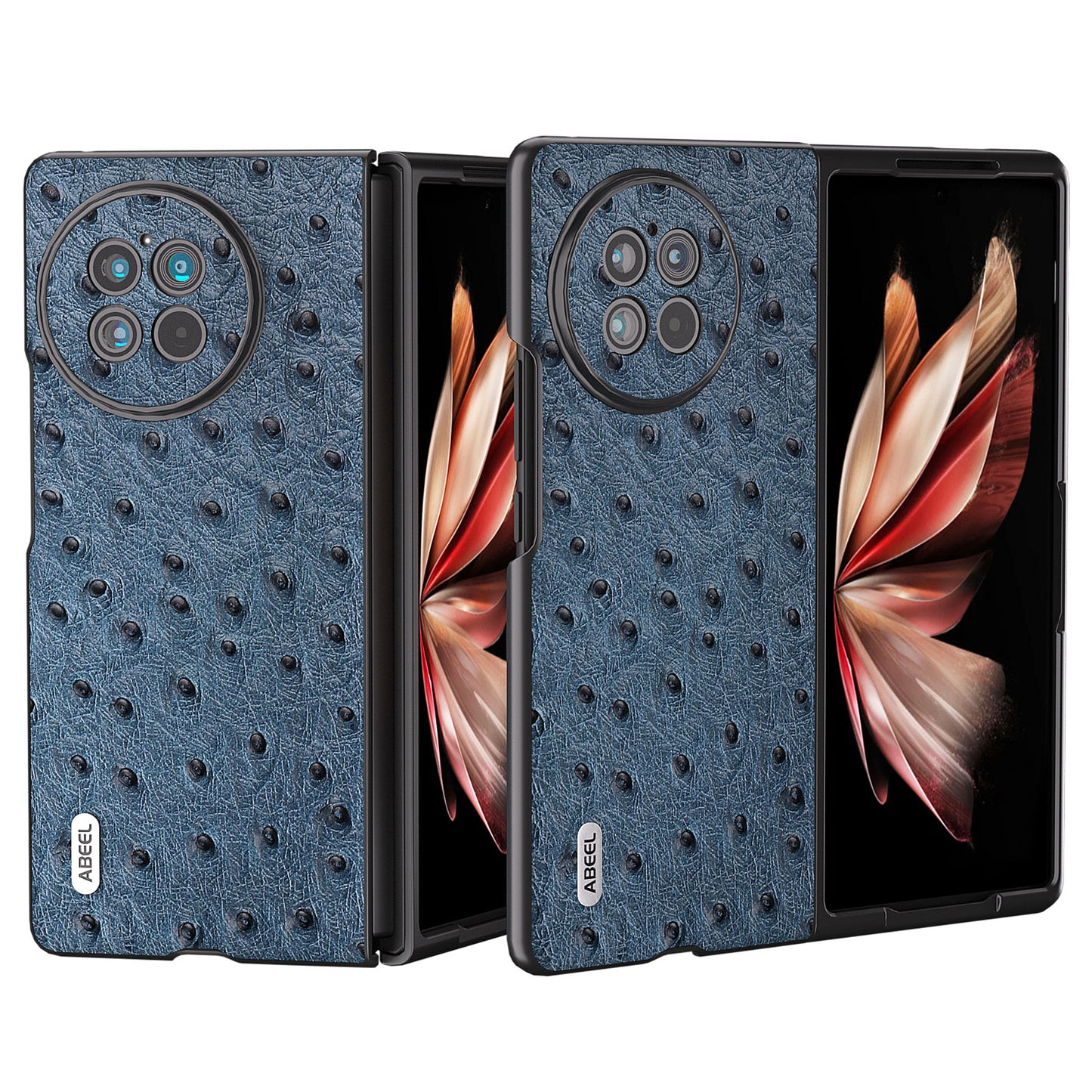 ABEEL Shockproof Case for vivo X Fold2 Ostrich Texture Genuine Cow Leather PC Phone Case - Blue
