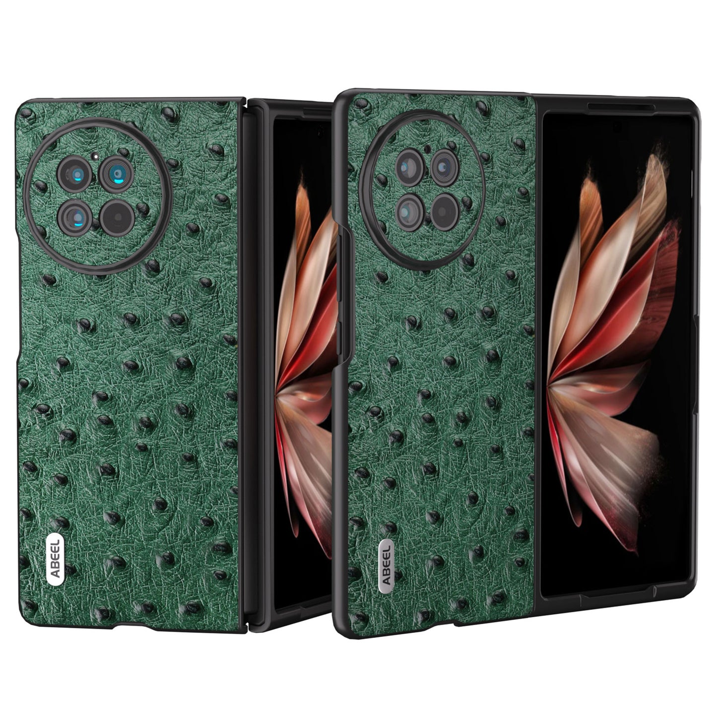 ABEEL Shockproof Case for vivo X Fold2 Ostrich Texture Genuine Cow Leather PC Phone Case - Green