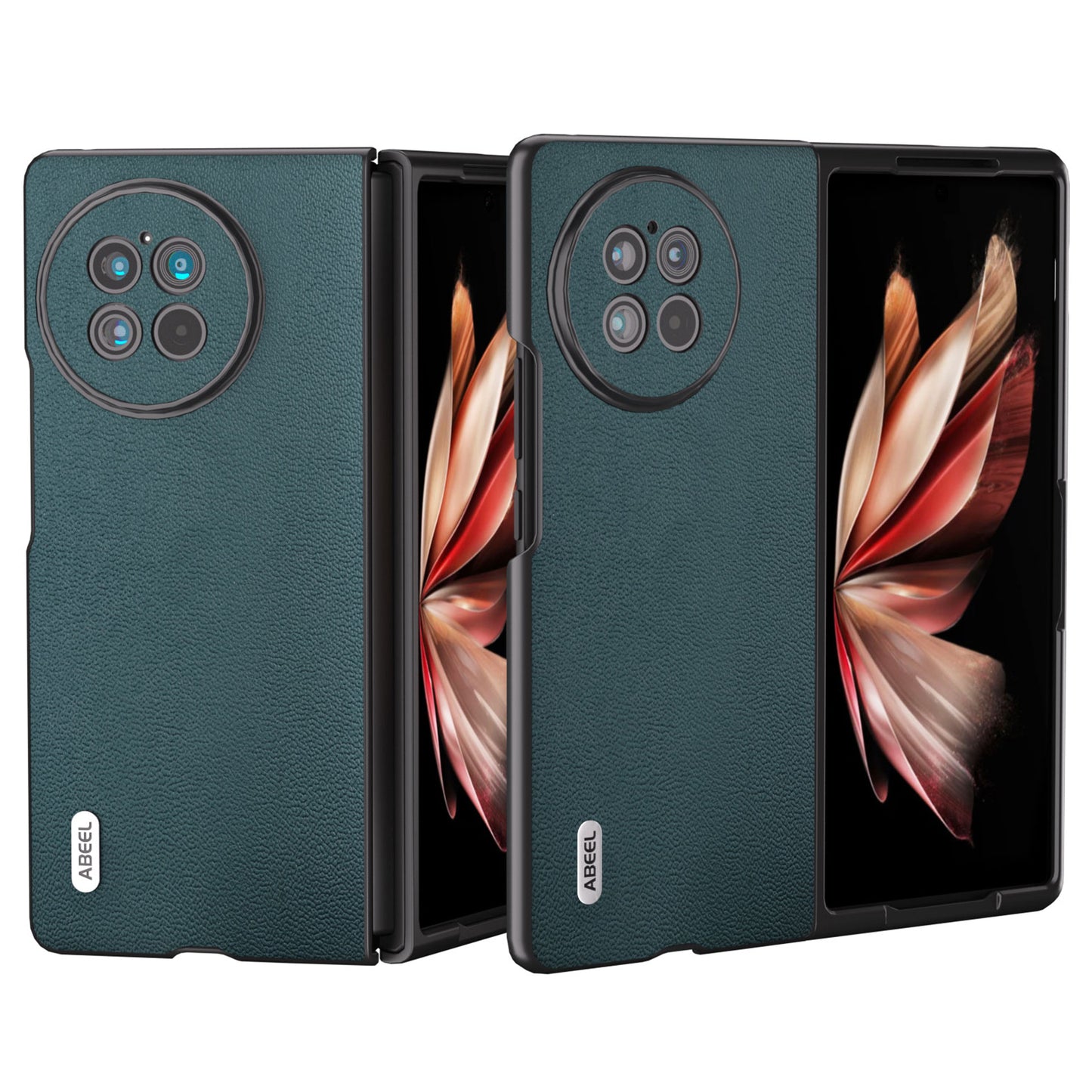 ABEEL Genuine Cow Leather PC Phone Case for vivo X Fold2 Shockproof Case Folding Anti-Drop Phone Shell - Midnight Green
