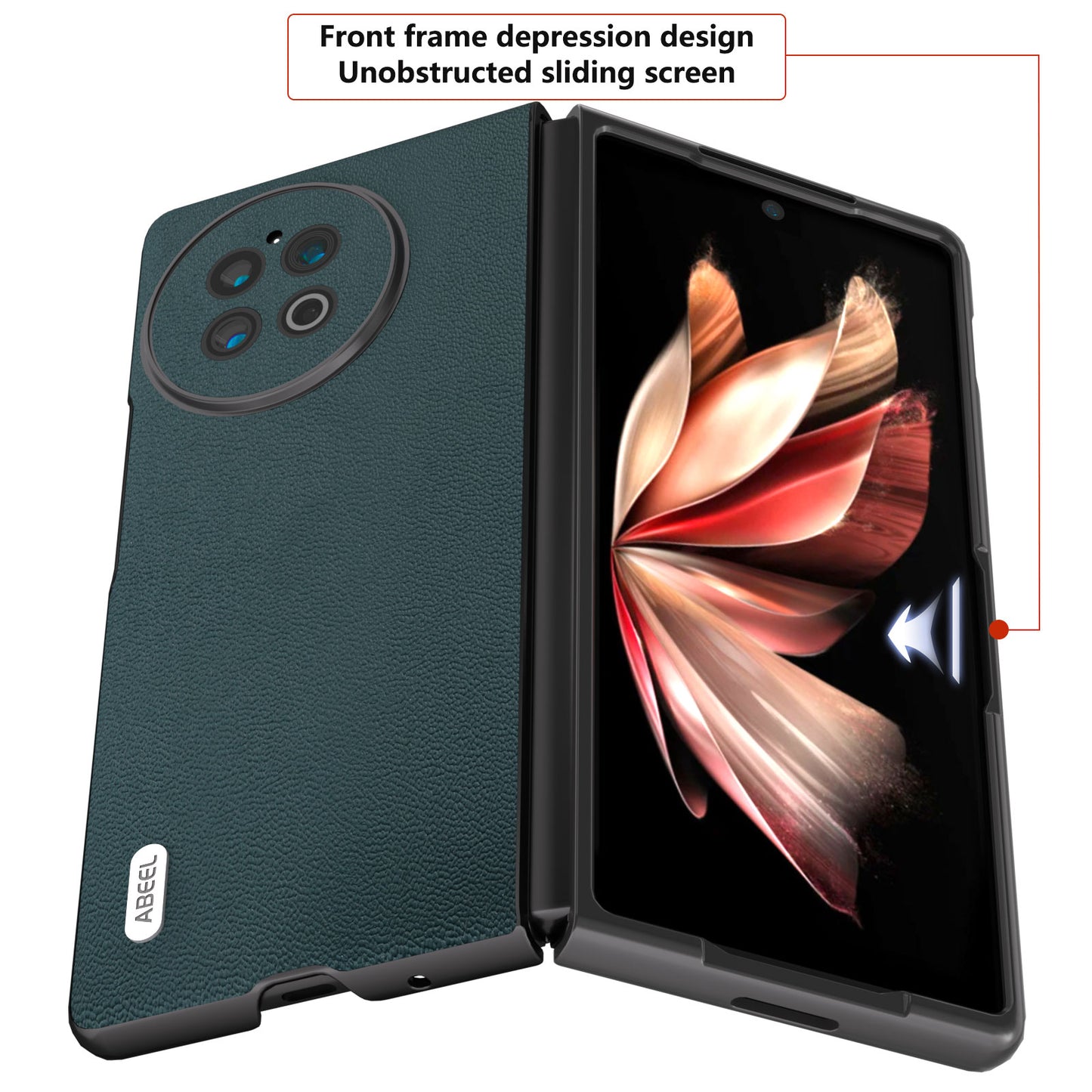 ABEEL Genuine Cow Leather PC Phone Case for vivo X Fold2 Shockproof Case Folding Anti-Drop Phone Shell - Midnight Green