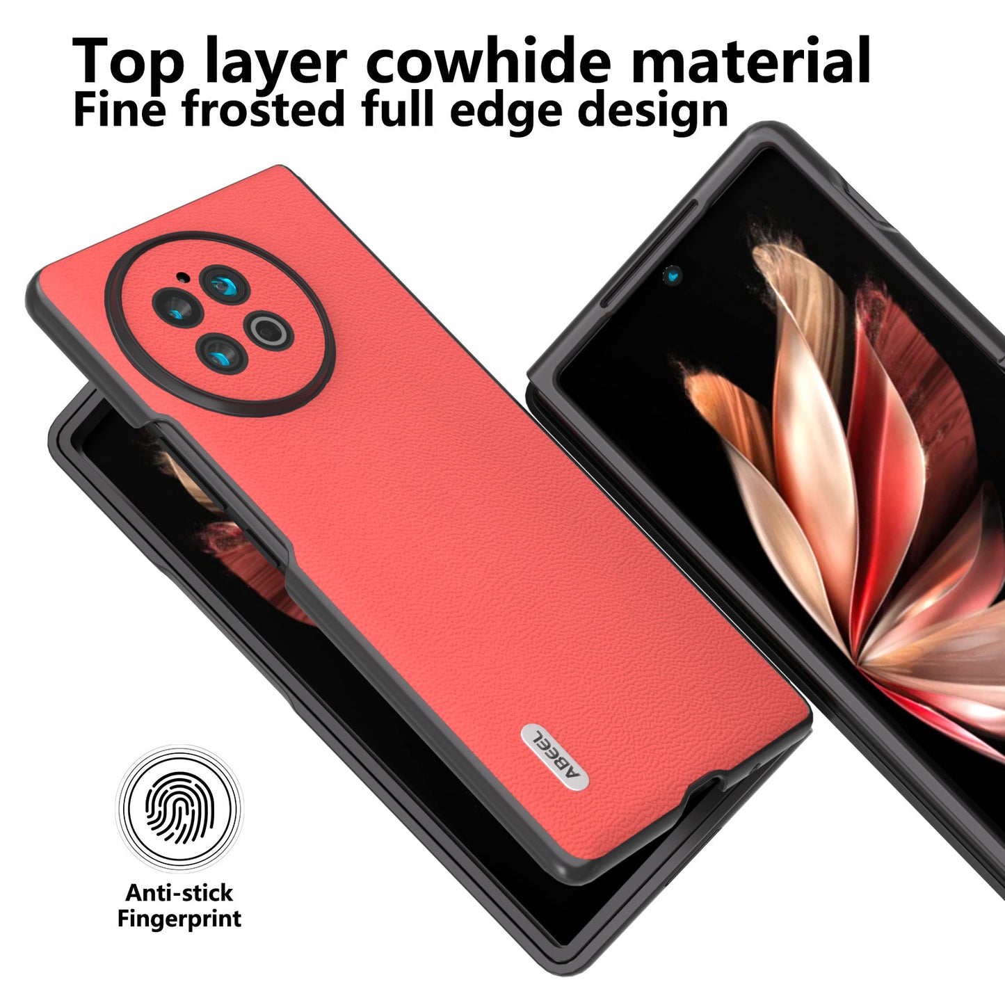 ABEEL Genuine Cow Leather PC Phone Case for vivo X Fold2 Shockproof Case Folding Anti-Drop Phone Shell - Red