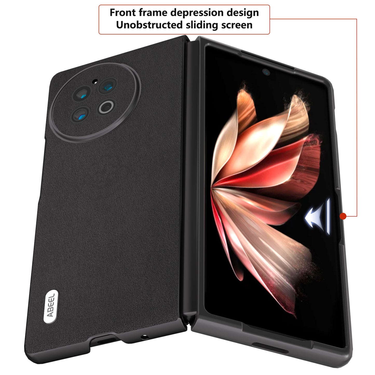ABEEL Phone Case for vivo X Fold2 Genuine Cow Leather PC Case Folding Anti-Drop Phone Shell - Black