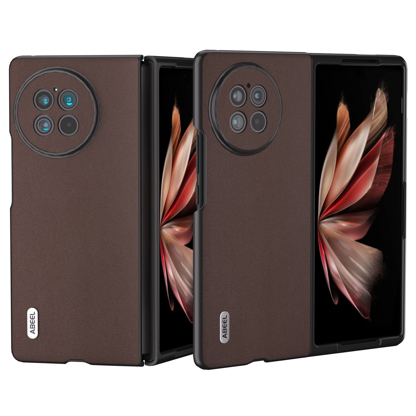 ABEEL Phone Case for vivo X Fold2 Genuine Cow Leather PC Case Folding Anti-Drop Phone Shell - Coffee