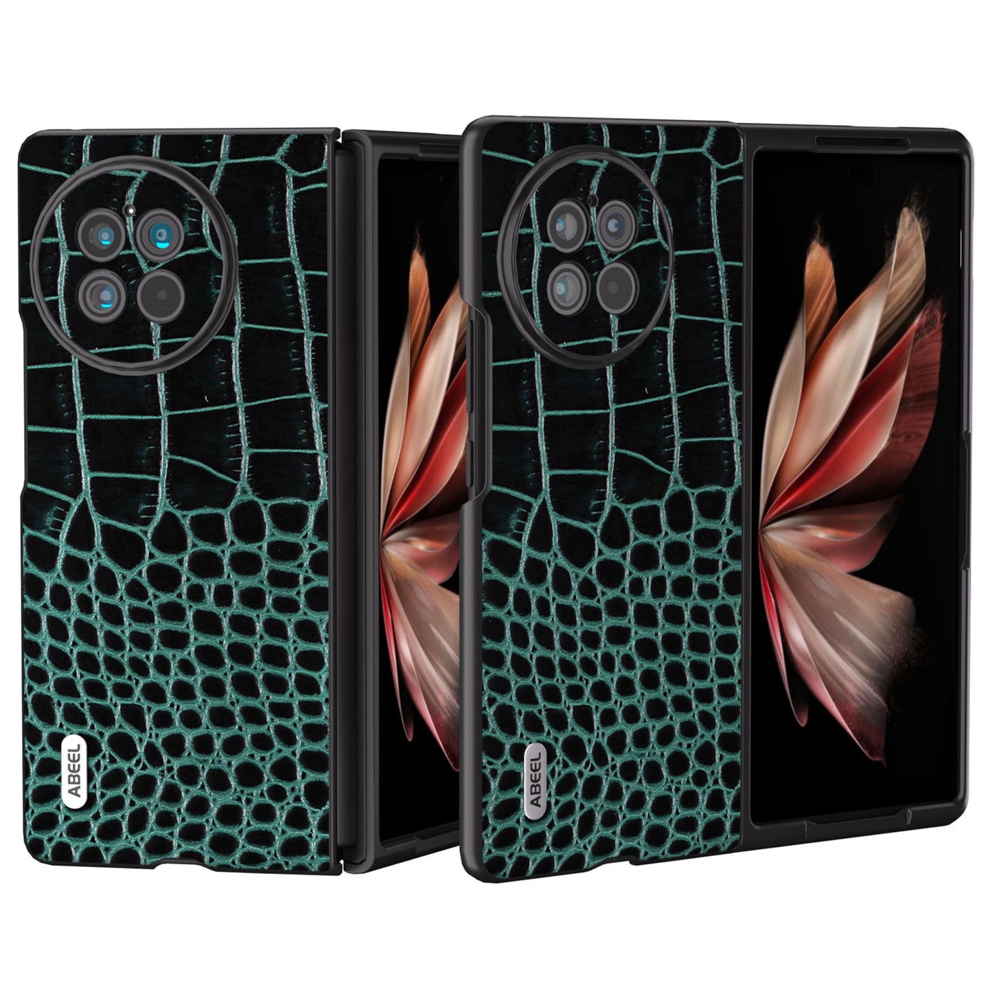 ABEEL For vivo X Fold2 Anti-fingerprint Crocodile Texture Phone Case Genuine Cow Leather Coated PC Black Edge Cover - Blue