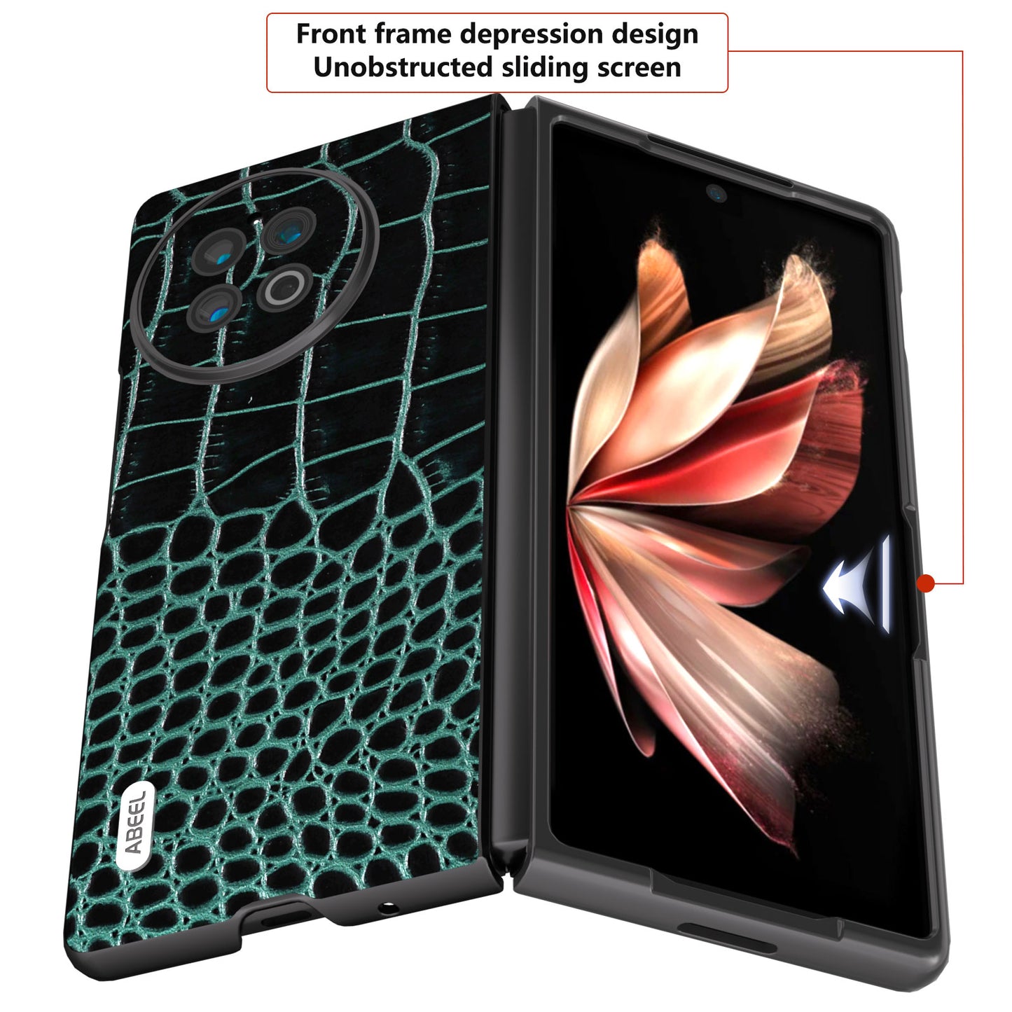 ABEEL For vivo X Fold2 Anti-fingerprint Crocodile Texture Phone Case Genuine Cow Leather Coated PC Black Edge Cover - Blue