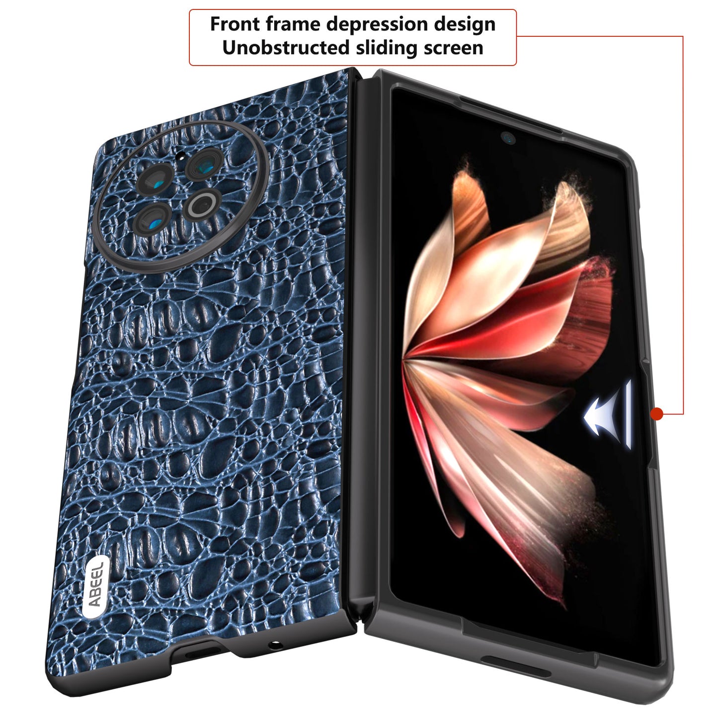 ABEEL For vivo X Fold2 Textured Genuine Cow Leather Coated PC Cover Black Edge Phone Protector Case - Blue