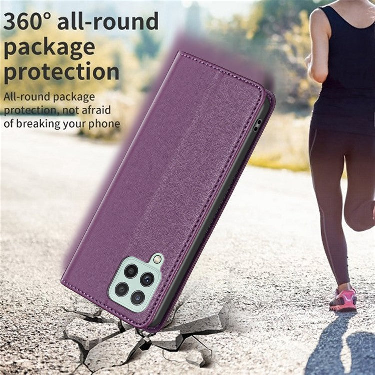 BINFEN COLOR BF18 Leather Case for Samsung Galaxy A12 Card Holder Full Protection Phone Stand Cover - Dark Purple