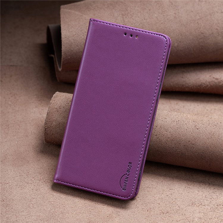 BINFEN COLOR BF18 Leather Case for Samsung Galaxy A12 Card Holder Full Protection Phone Stand Cover - Dark Purple